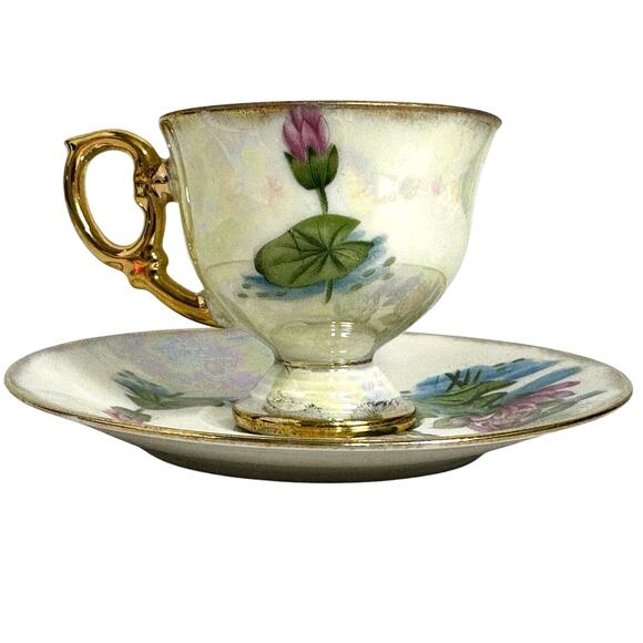 Ucagco "Flower of the Month" Footed Cup/Saucer Set July Water Lily Design - Picture 3 of 10